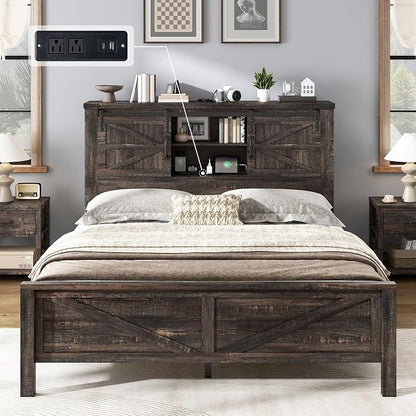 AMERLIFE 4-Piece Farmhouse Bedroom Set in Black Oak, Queen Size Bed Frame with Bookcase Headboard, 5-Drawer Tall Dresser, 47'' Dresser with 4 Drawers, 60" Dresser with 4 Drawers