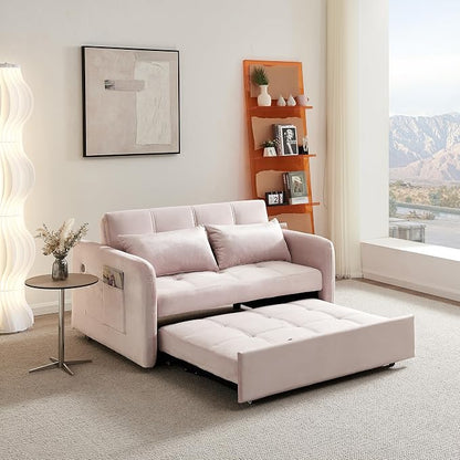 55.5" Velvet Convertible Sofa Bed, Pull Out Sleeper Sofa Bed, Loveseat Couch with USB Charging Ports, 3 in 1 Convertible Sleeper Sofa Bed for Living Room, Apartment, Bedroom, RV, Pink