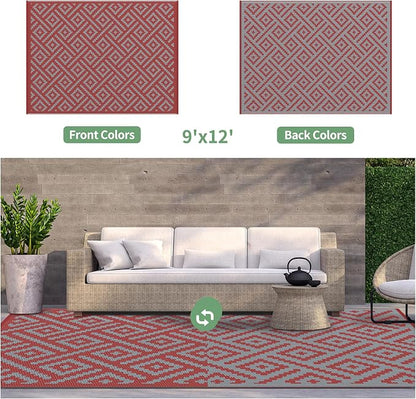 GENIMO Outdoor Rug for Patio Clearance, 9'x12' Reversible Plastic Straw Rugs, Lightweight Waterproof RV Camping Mat for Camper, Balcony, Deck, Backyard, Picnic, Red Grey
