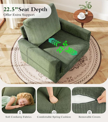 Kidirect 35.5in Corduroy Sofa Accent Chair, Tool-Free Setup Living Room Couch Accent Chairs, Reading Chair for Bedroom 22.5in Extra Deep Seats, Comfy Arm Chairs for Office, All-Wood Reading Nook Green