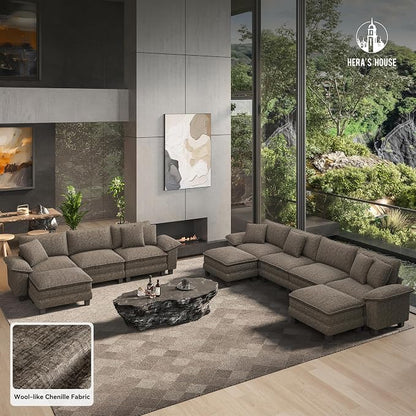 HERA'S HOUSE 88" Modular Sectional Sofa, L Shaped Couches for Living Room, Comfy Cloud Couch with Ottoman, 3-Seater Deep Seat Sofa with Throw Pillow, Chenille Ash