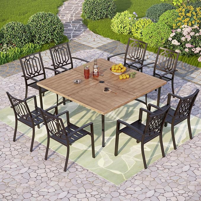 PHI VILLA 9 Pieces Outdoor Dining Set for 8, 57.5" Brown Square Iron Table with Umbrella Hole & Stackable Black Metal Steel Chairs, Large Outside Furniture Set for Patio, Deck, Yard, Porch