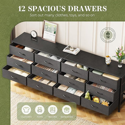 Huuger 70 Inch Black Dresser for Bedroom, TV Stand for 65, 75, 80 Inch TV, 12 Fabric Drawer Long Dresser, Wide Chest of Drawer, Storage Units for Living Room