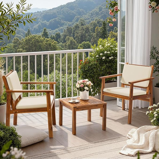 Flamaker Patio Chairs 3 Piece Acacia Wood Patio Furniture with Coffee Table & Cushions Outdoor Conversation Set Balcony Chairs for Porch, Deck, Backyard