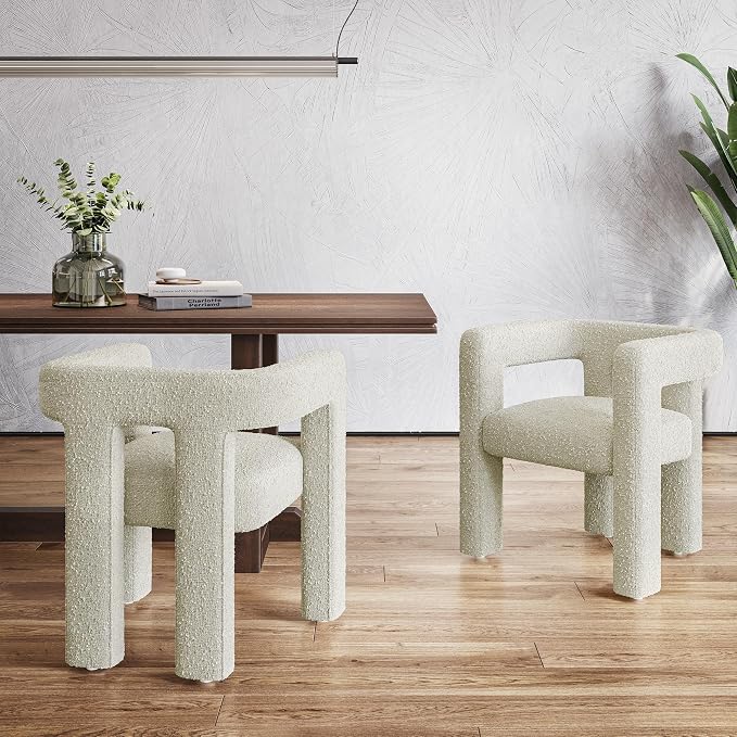 BELLEZE Modern Boucle Barrel Dining Chair Set of 2, Upholstered Linen Kitchen Boucle Armchair with Sidearms and Back, for Dining Room Living Room- Cream