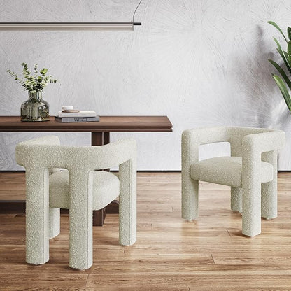 BELLEZE Modern Boucle Barrel Dining Chair, Upholstered Linen Kitchen Boucle Armchair with Sidearms and Back, for Dining Room Living Room- Cream