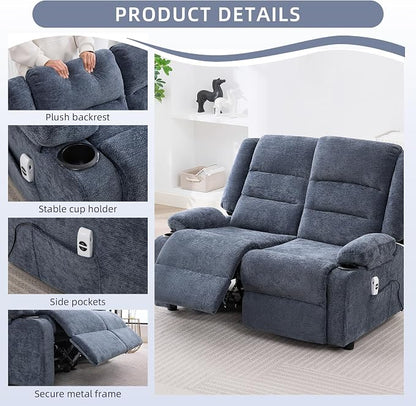 52Inch Reclining Loveseat Sofa,Power Loveseat Recliner,Electric Love seat Recliner Sofa for Bedroom,Living Room with Charging Ports,Blue