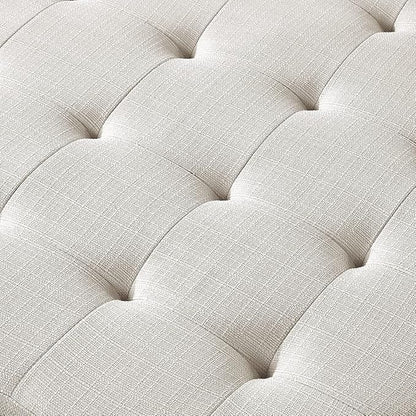 24KF Large Square Upholstered Tufted Linen Ottoman Coffee Table, Large Footrest Ottoman with Solid Wood Shelf-Ivory
