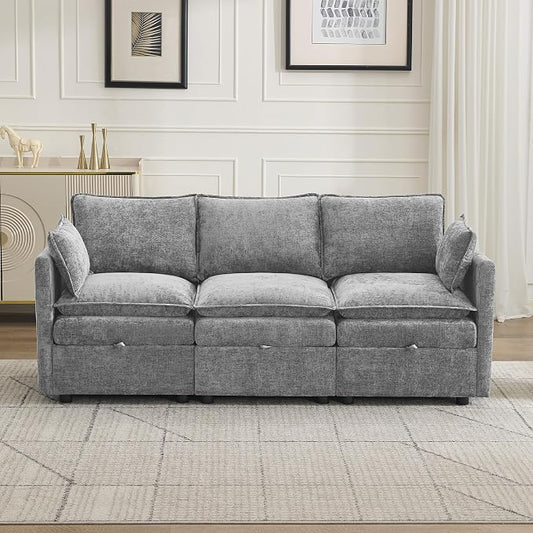 80" Cloud Modular 3 Seater Sofa with Storage, Modern Upholstered Storage Sofa Couch Deep Seat, Sectional Sofa Chenille Comfy Couch with Armrests for Living Room, Small Space, Light Grey