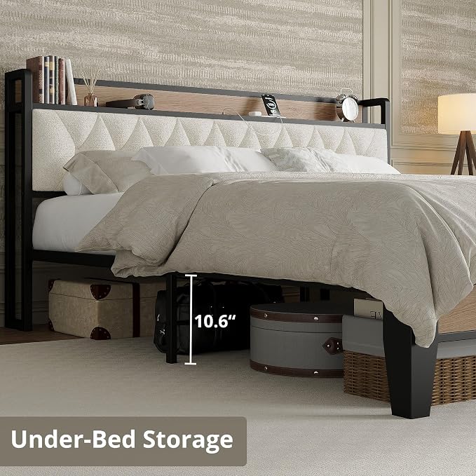 King Size Bed Frame with Headboard & Charging Station, Wood and Cream