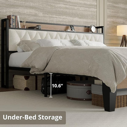 King Size Bed Frame with Headboard & Charging Station, Wood and Cream