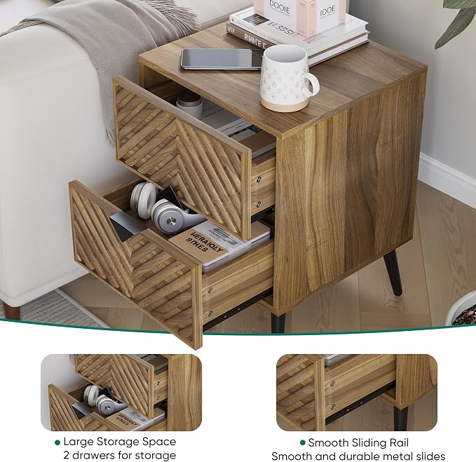 Smuxee Walnut Wooden Nightstand with 2 Drawers, Mid Century Night Stand with Fluted Diamond Doors, Bedside Table with Metal Feet, Modern End Side Table for Bedroom