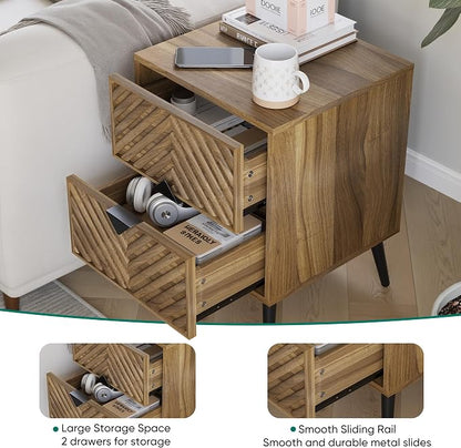 Smuxee Walnut Wooden Nightstand with 2 Drawers, Mid Century Night Stand with Fluted Diamond Doors, Bedside Table with Metal Feet, Modern End Side Table for Bedroom
