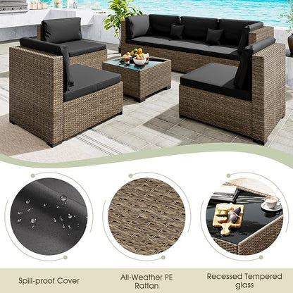 LHBcraft 7 Piece Patio Outdoor Furniture Set, Outdoor Sectional, All-Weather Manual Weaving PE Rattan Wicker Patio Sectional Sofa, Rattan Outside Furniture with Black Cushion and Glass Coffee Table