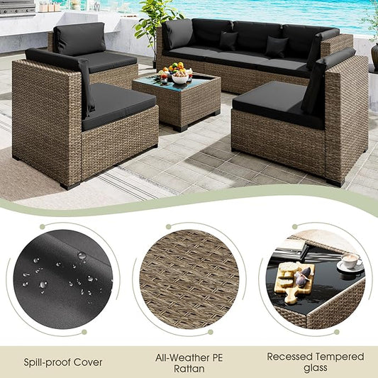 LHBcraft 7 Piece Outdoor Patio Furniture Set, Wicker Patio Furniture Set Outdoor Patio Sectional Sofa for Backyard Rattan Patio Seating with Black Cushion