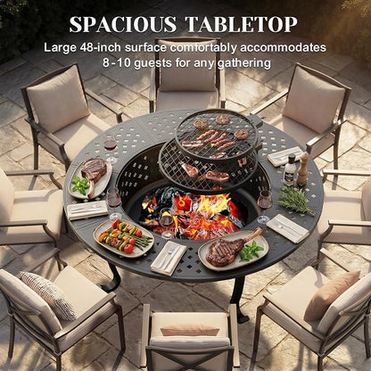 Outdoor Fire Pit, 48" Fire Pit for Outside Wood Burning with Adjustable 2 Grills, Firepit with Lid and Fire Poker, BBQ, Bonfire, Round Outdoor Fireplace 3 in 1 for Patio, Backyard, Garden, Camping