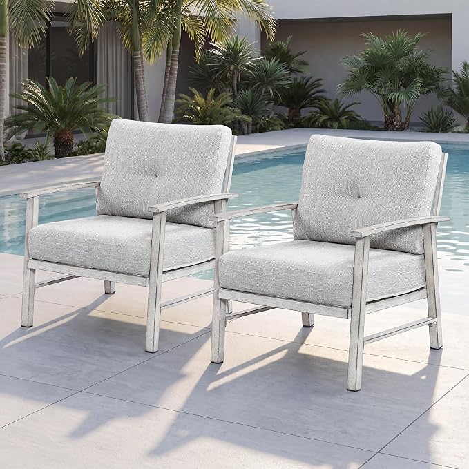 Outdoor Patio Chairs Set of 2, Outdoor Aluminum Armchair Conversation Set with Thick Cushions, 2 Pieces All Weather Patio Furniture Sofa Chairs Set for Garden, Poolside, Lawn, White Oak