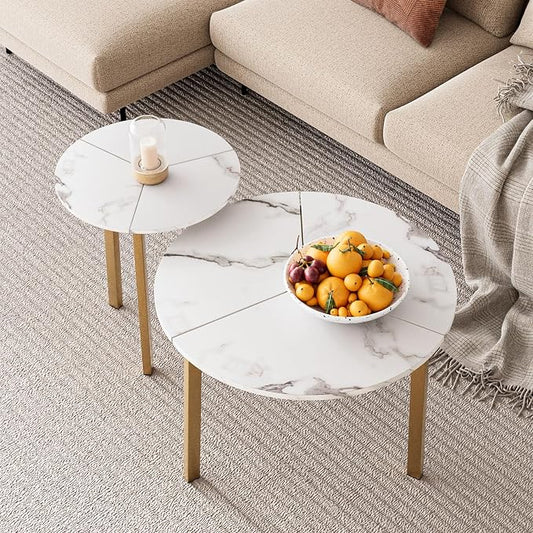 SUNBURY Coffee Table Nesting White Set of 2, Round Coffee Table 23.6", Side Tables for Living Room Bedroom Balcony Yard