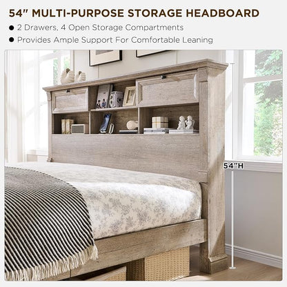 Farmhouse King Size Bed Frame with 54" Tall Storage Bookcase Headboard, 18" Roman Column Decoration Footboard,2 Drawer & 4 Storage Rack, Wood Platform Bed Frame, No Box Spring Needed(Light Rustic Oak)