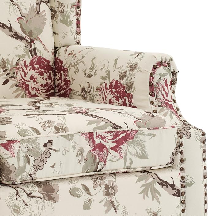 Pia Ricco High Back Floral Accent Chair - Retro Wingback Upholstered Armchair with Nailhead Trim, Solid Wood Legs, Fabric Living Room Bedroom Reading Chair (Flower Beige)
