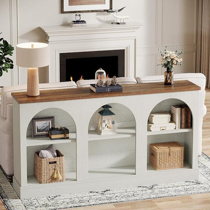 Tribesigns Farmhouse Console Table, 63-Inch Long Entryway Table with 3 Tier Storage, Wooden Rectangular Sofa Table Behind The Couch for Entrance, Hallway, Living Room, Off-White and Brown