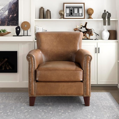 Lexicon 100% Top Grain Genuine Leather Chair, Leather Accent Chairs for Living Room, Solid Wood Frame, Rolled Armrest & Nailhead Trim, Comfy Reading for Bedroom, Office, Waiting Room, Brown