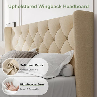 Feonase Queen Bed Frame with Diamond Tufted Wingback Headboard, Morden Upholstered Platform Bedframe, Sturdy Wooden Slats Support, Noise-Free, Easy Assembly, No Box Spring Needed, Beige