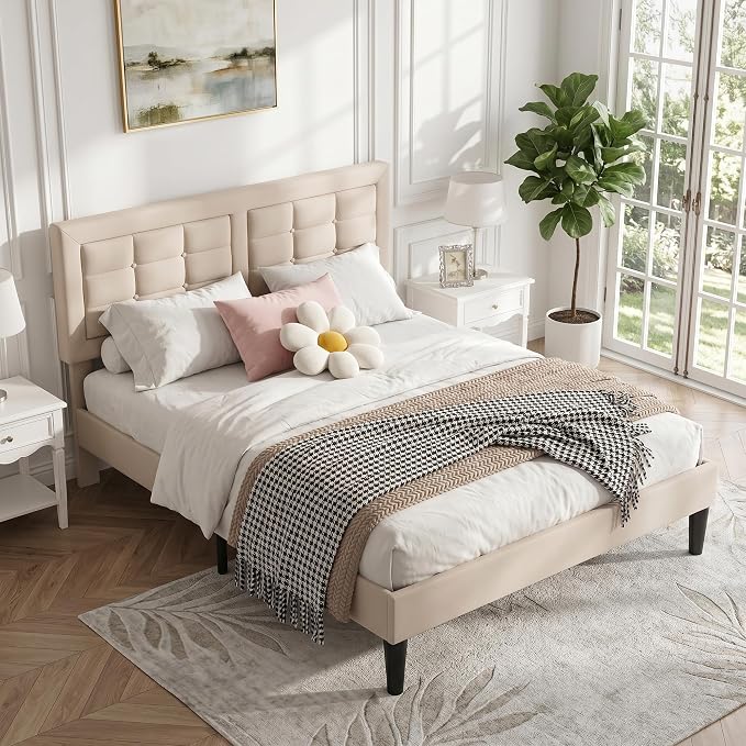 VECELO Full Size Bed Frame, Adjustable Upholstered Button Tufted Headboard, Heavy-Duty Bedframe with Wood Slats Support, No Box Spring Needed, Beige