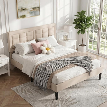 VECELO Full Size Bed Frame, Adjustable Upholstered Button Tufted Headboard, Heavy-Duty Bedframe with Wood Slats Support, No Box Spring Needed, Beige
