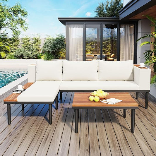 VilroCaz Luxury Outdoor Patio Furniture Set, L-Shaped Acacia Wood Sectional Sofa with Side Table, All-Weather Conversation Set with Removable Cushions and Coffee Table for Backyard Porch (Beige-4.20)