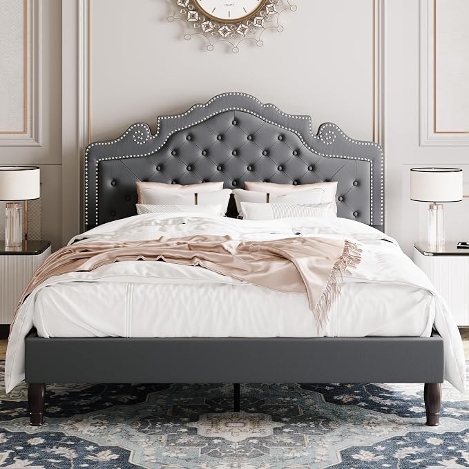 Allewie Full Size Bed Frame with Adjustable Velvet Tiara Headboard, Upholstered Diamond Button Tufted Platform Bed, Wood Slats Support, No Box Spring Needed, Light Grey