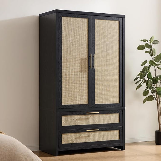 SICOTAS Rattan Armoire Wardrobe Closet Cabinet, 71" Wardrobe Storage Cabinet with Doors, 2 Drawers and Hanging Rod, Boho Large-Capacity Deep Armoire Clothes Organizer for Bedroom, Black Oak