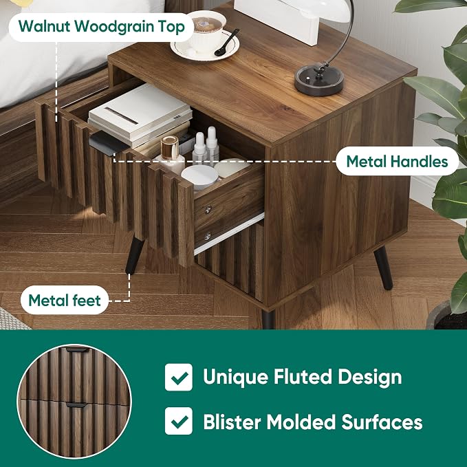 Smuxee Walnut Wooden Night Stand Set of 2, Mid Century Nightstand with 2 Fluted Drawers, Bedside Table with Open Shelf, Modern End Side Table for Bedroom