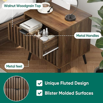 Smuxee Walnut Wooden Night Stand Set of 2, Mid Century Nightstand with 2 Fluted Drawers, Bedside Table with Open Shelf, Modern End Side Table for Bedroom