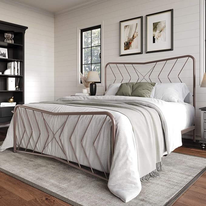 HOME DESIGN Fargo King Size Metal Bed Frame, Minimalist Headboard and Footboard Design, Sturdy Metal Construction, Easy Assembly, Transitional, Pink