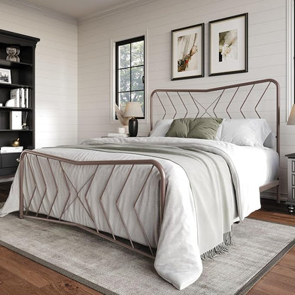 HOME DESIGN Fargo King Size Metal Bed Frame, Minimalist Headboard and Footboard Design, Sturdy Metal Construction, Easy Assembly, Transitional, Pink