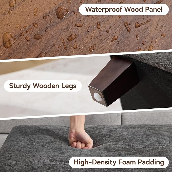 45 Inch Large Storage Ottoman Bench with Wooden Tray Coffee Table, Dark Grey Chenille Upholstered Foot Rest, Multifunctional Foot Stool Ottoman for Living Room, Bedroom & Entryway, Solid Wood Legs