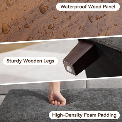 45 Inch Large Storage Ottoman Bench with Wooden Tray Coffee Table, Dark Grey Chenille Upholstered Foot Rest, Multifunctional Foot Stool Ottoman for Living Room, Bedroom & Entryway, Solid Wood Legs