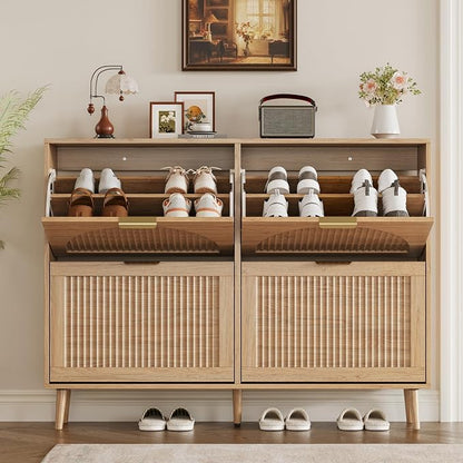 BORNOON Shoe Cabinet for Entryway with 4 Flip Drawers, Slim Wooden Shoe Storage Organizer with Modern Fluted Pannel，Freestanding Narrow Hidden Shoe Rack for Hallway, Foyer, Living Room