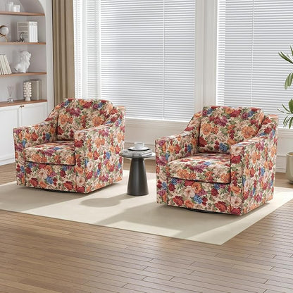 Swivel Accent Chairs Set of 2, 360° Swivel Upholstered Club Armchairs for Living Room, Comfy Fabric Single Sofa Reading Chair with Deep Seat, Metal Swivel Base, Beige Floral