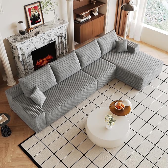 Eafurn 135" Oversized L-Shaped Boneless Sectional Sofa Couch with Chaise, Fluffy Corduroy Modular Couch with Deep Seat,Flexible Combination Corner Sofa & Couch for Living Room, No Assembly