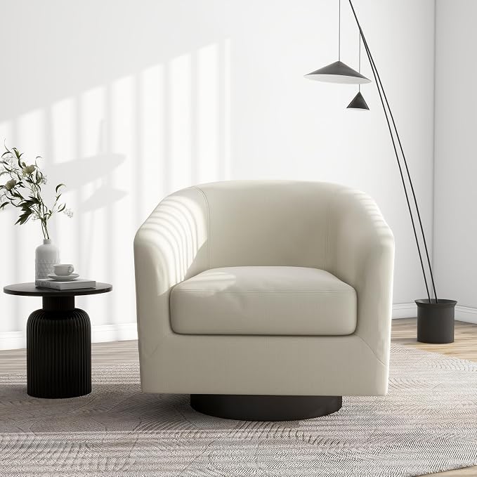Swivel Barrel Accent Chair, Modern Round Linen Arm Chair for Living Room, Bedroom, Comfy Club Reading Chairs for Adults（Linen Fabric, Beige, Set of 4