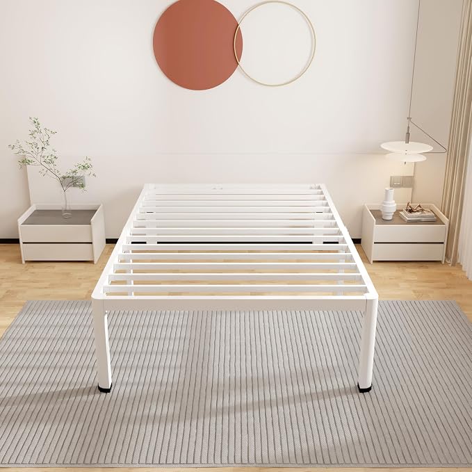 ROIL 18 Inch White Twin Size Bed Frame with Rounded Corner and Headboard Hole Mattress Retainers 3500LBS Heavy Duty Steel Slats No Box Spring Needed Platform Noise-Free Easy Assembly