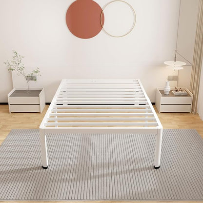 ROIL 18 Inch White Twin Size Bed Frame with Rounded Corner and Headboard Hole Mattress Retainers 3500LBS Heavy Duty Steel Slats No Box Spring Needed Platform Noise-Free Easy Assembly