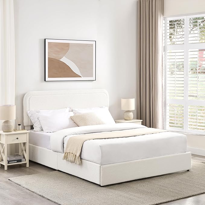 Ball & Cast Queen Size Bed Frame,Boucle Upholstered Platform Bed with Patented 2 Drawers Storage & Curved Stitched Headboard,Wooden Slats Support,No Box Spring Needed,Easy Assembly,Ivory