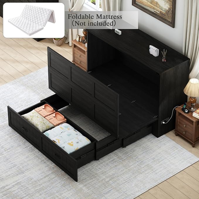 Queen Murphy Bed with Charging Station, Farmhouse Noisy-Free Foldable Cabinet Bed Frame with Storage Drawer, Space Saving Hideaway Wall Bed for Guest Bedroom, Living Room, Office, Black