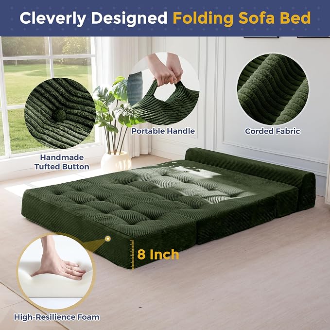 MAXYOYO 8" Folding Sofa Bed, Fold Out Chair Bed, Convertible Floor Sofa Couch, High-Density Foam Tufted Lounge Couch for Living Room Bedroom Dorm, Loveseat, Dark Green