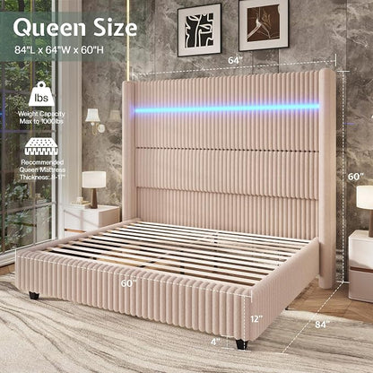 Jocisland Queen Bed Frame Faux-Fur Upholstered 60" Tall Headboard, Beige | Wingback Headboard, LED lights,USB Charging, Noise-free, No box spring needed, easy assembly, for Couples & Guest Room