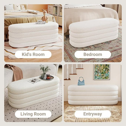 Busaurus Storage Ottoman Bench 49.2 Inch Upholstered Fabric Storage Bench for Bedroom End of Bed Aesthetic Large Oval Ottoman for Living Room Entryway (Ivory)