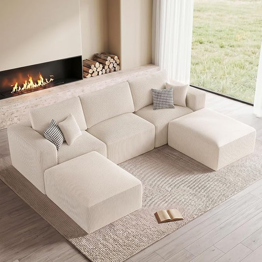 Living&Giving 115" Modular Cloud Boneless Couch, U Shaped Sectional Sofa with Chaise, Corduroy Floor Couch for Living Room, High-Density Foam & Firm Lumbar Support for Apartment, Beige